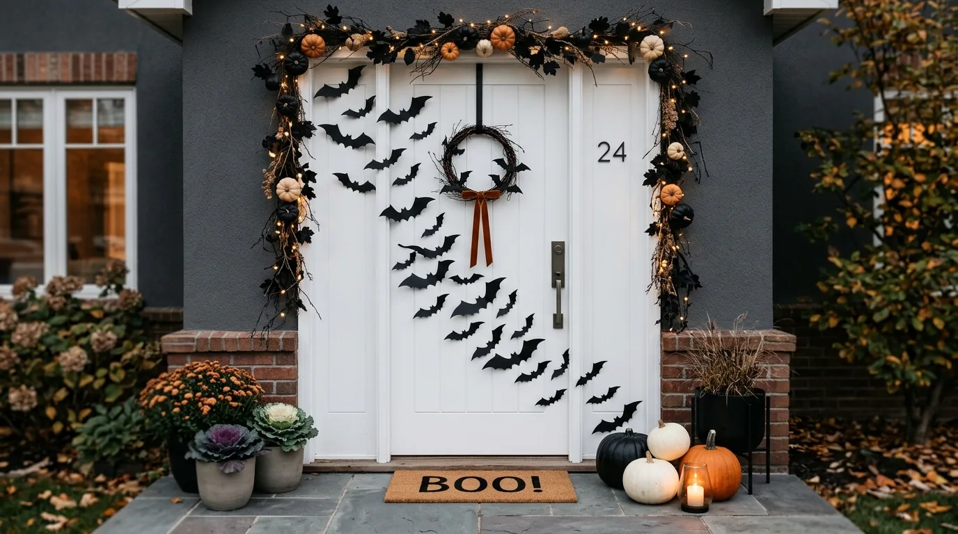 Style the steps so the display feels complete inspiration for a Halloween front door entrance.
